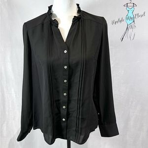 Nanette Lepore long sleeve black ruffle neck pleated button down top size small